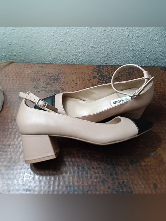 Steve Madden Sz. 8.5 Tan Colorblock Eli Ankle-Strap Two-Piece Block-Heel Pumps - Picture 11 of 16
